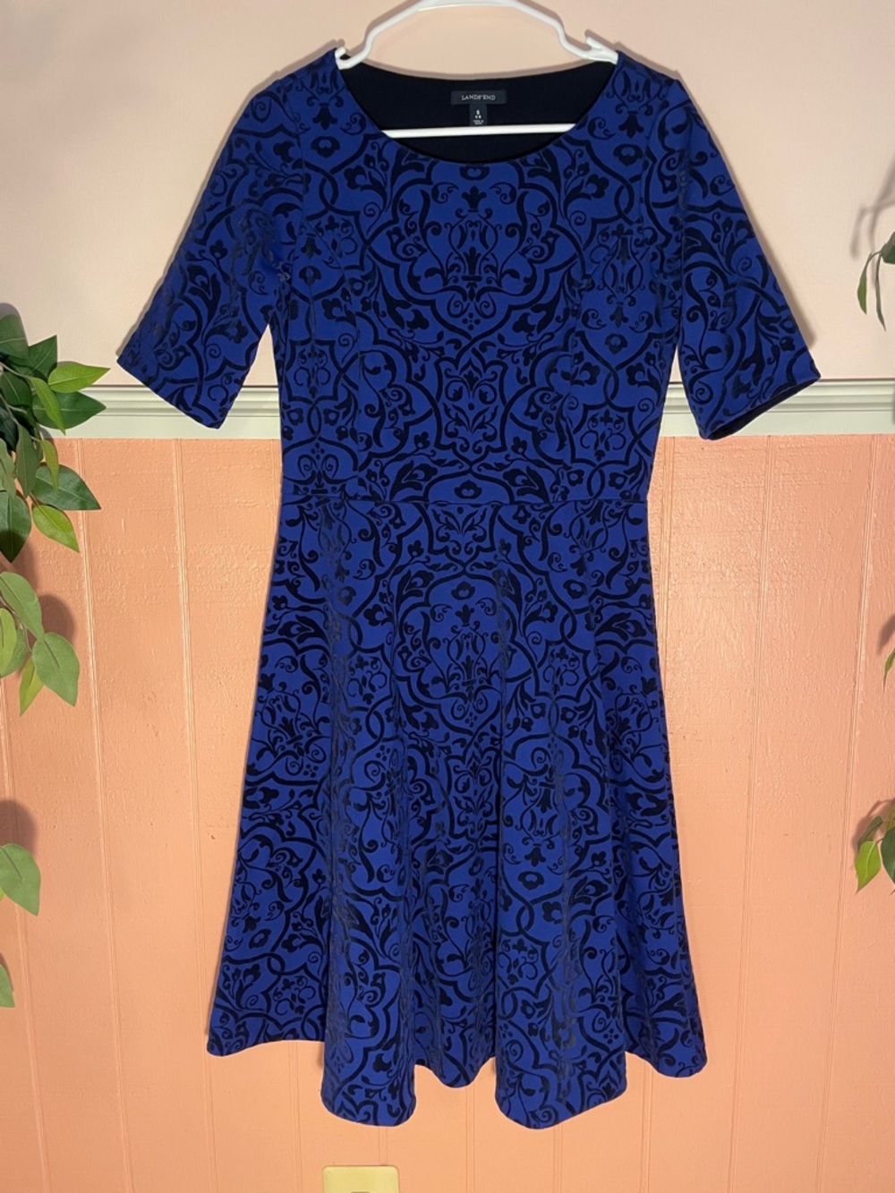 Lands' End Damask Embossed Velvet Fit-and-Flare Midi Dress, Size Small 6-8
